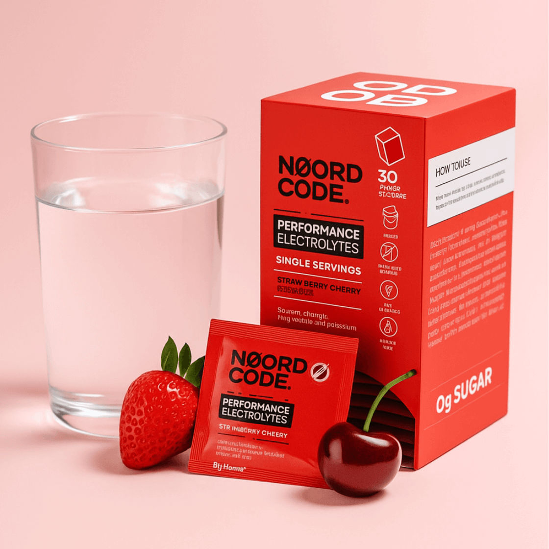 Krabička NoordCode Performance Electrolytes s jahodovo-třešňovou příchutí, sklenice vody, sáček produktu a čerstvá jahoda s třešní na jemném růžovém pozadí